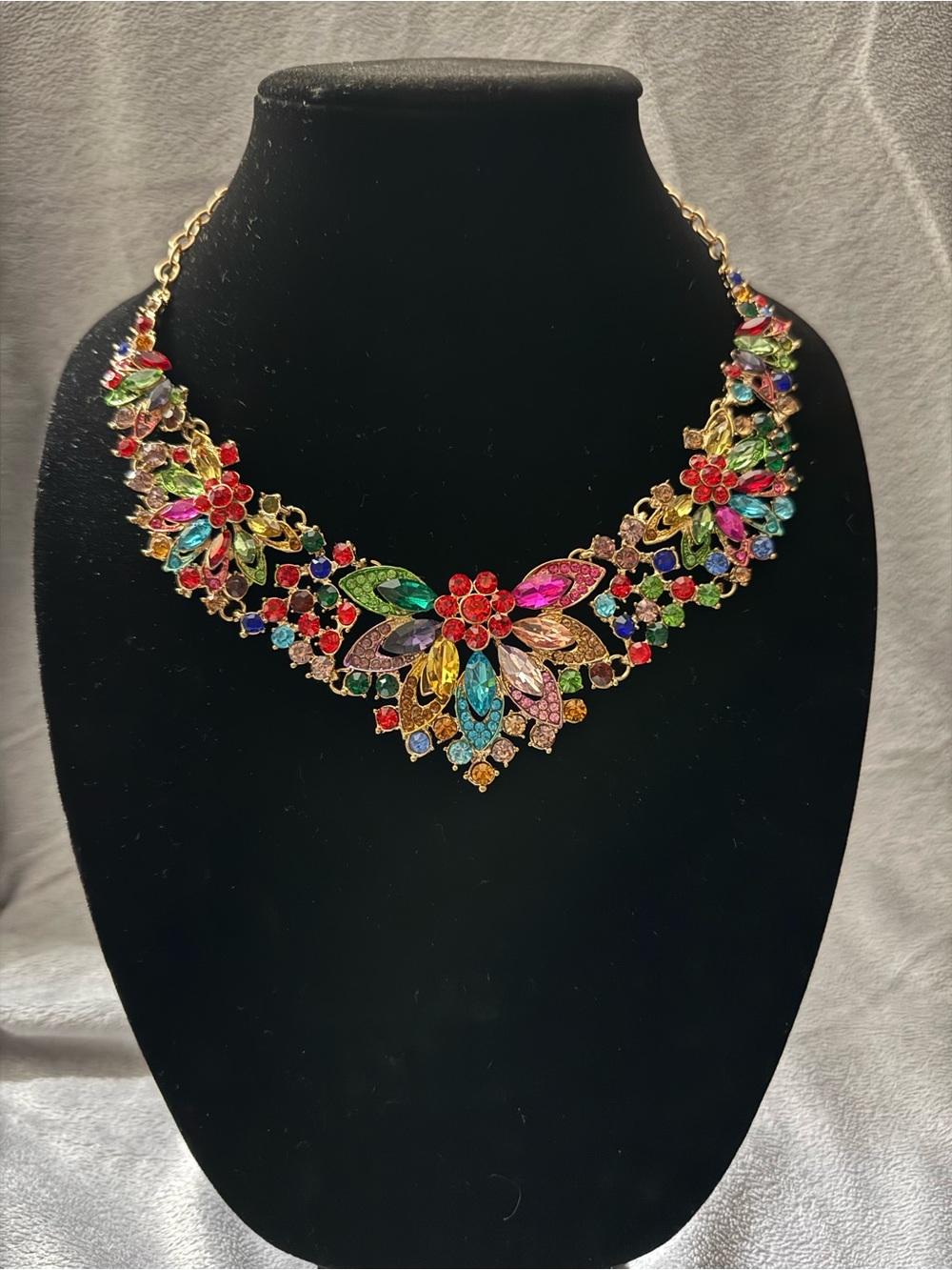 Betsey Johnson Multicolor Rhinestone Flower Statement Necklace - Gold Tone
